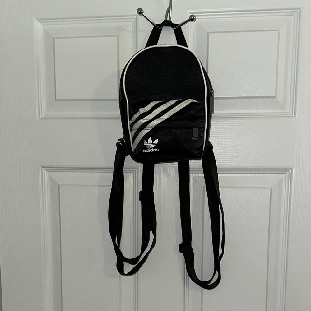 Adidas Black and White Compact Mini Backpack with Iconic Stripes